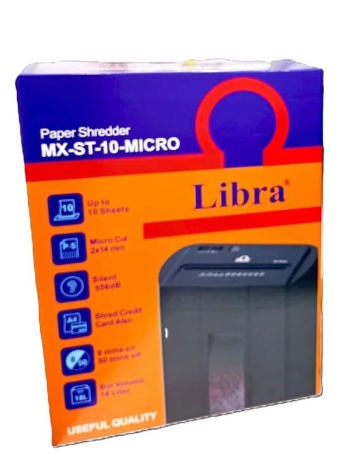 ليبرا Micro-Cut Paper Shredder Machine - Shreds 10 Sheets, Credit Cards & Confidential Documents, 2x14mm Cut, 18L Bin, Silent Operation, Overload & Overheat Protection - Image 2
