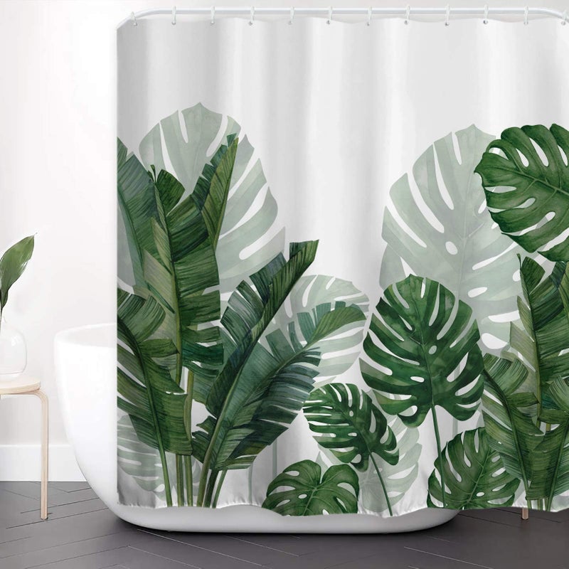 Baccessor Tropical Green Plant Shower Curtain Waterproof Washable Fabric Summer Bathroom Decor Botanical Banana Monstera Leaf Palm Tree Shower Curtain with Hooks 60 W x 72 L Inch