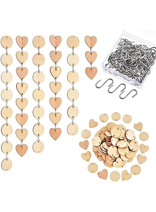 Arabest 240 Pcs Wooden Circle Set 120 Pcs Wooden Heart Round Tags with Holes 120 Pcs S Shaped Hook Connectors Wood Ornaments for Birthday Chore Board - Image 1