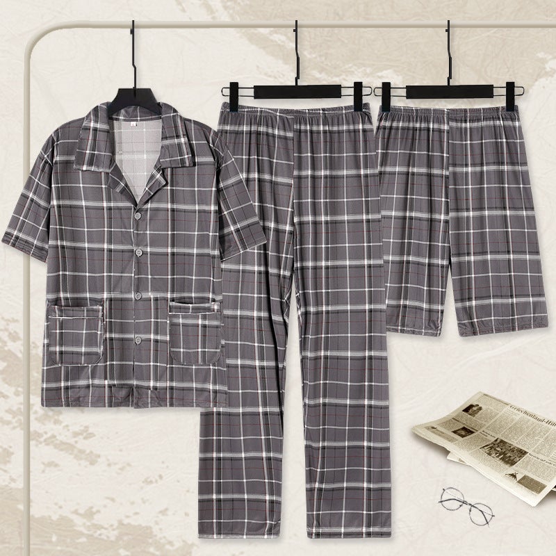 Three-piece Pajamas Men's Summer Short-sleeved Trousers 100 Pure Cotton Men's Summer Thin Large Size Boys' Home Clothes - Image 1