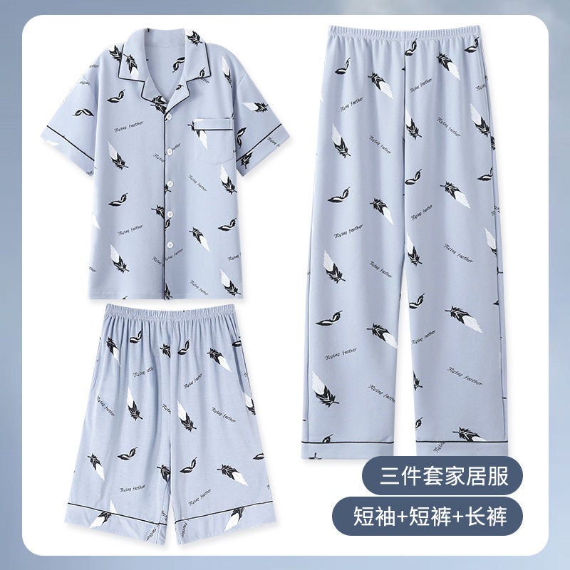 Three-piece Pajamas Men's Summer Short-sleeved Trousers 100 Pure Cotton Men's Summer Thin Large Size Boys' Home Clothes - Image 3