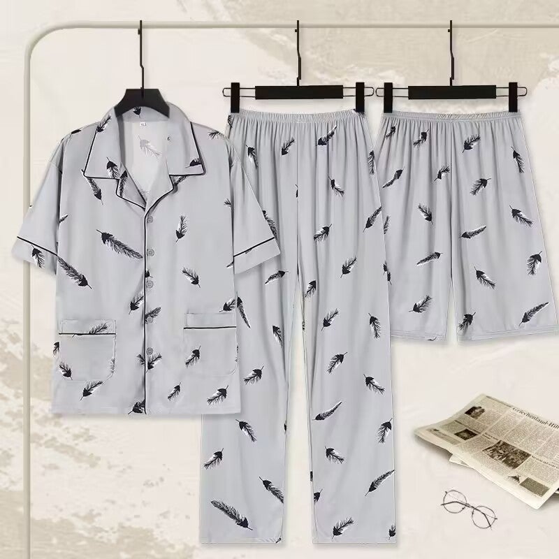 Three-piece Pajamas Men's Summer Short-sleeved Trousers 100 Pure Cotton Men's Summer Thin Large Size Boys' Home Clothes - Image 5