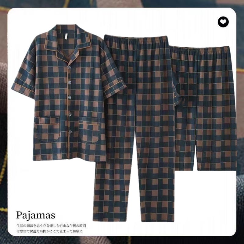 Three-piece Pajamas Men's Summer Short-sleeved Trousers 100 Pure Cotton Men's Summer Thin Large Size Boys' Home Clothes - Image 4