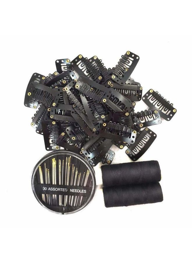 KDOSP 50Pcs Wig Clips 32mm Snap Clips For Hair Extensions I Shape Hair Clips Tools 6 Teeth Black Color Hair Extension Clips 30 Assorted Sewing Needles and 2 Rolls Thread (Black) - Image 1