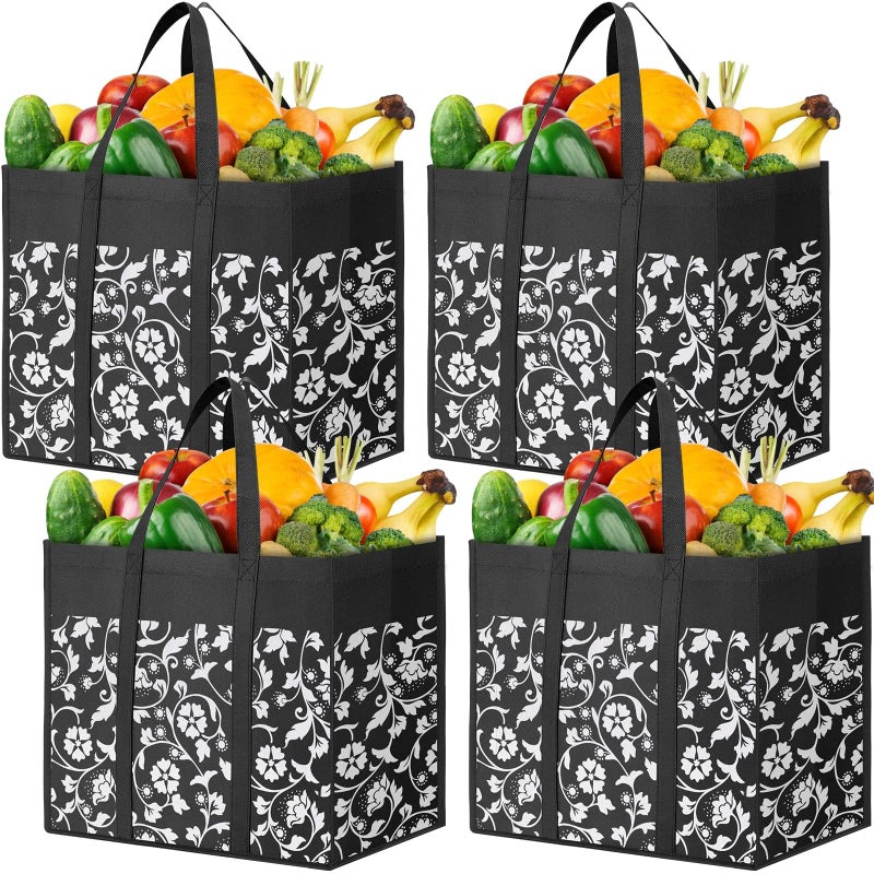 WOWBOX Reusable Grocery Bags Foldable Tote Bags bulk with Reinforced Handles Shopping Bags for Groceries Heavy Duty Large bags Kitchen Reusable Grocery Bags with Waterproof Coating 4-Pack, Black - Image 1