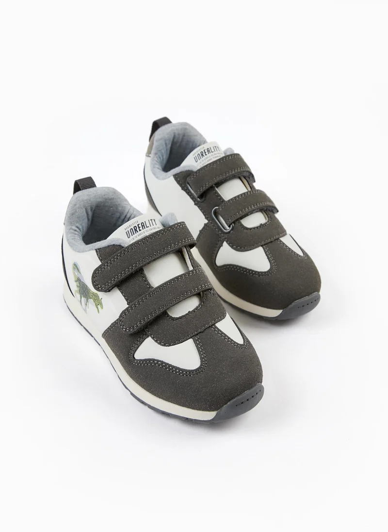 زيبي Dual-Material Trainers for Boys 'Dinosaur', White/Dark Grey