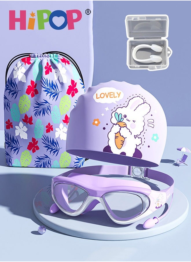 HIPOP Kids Swimming Goggles Set, Kids Swimming Goggles with Swim Cap, Nose Clip and Earplugs and Storage Bags,  Anti-Shattered Lens UV Protection No-leak Swimming Goggles for Boys, Girls, Youth, Toddler  - Image 1