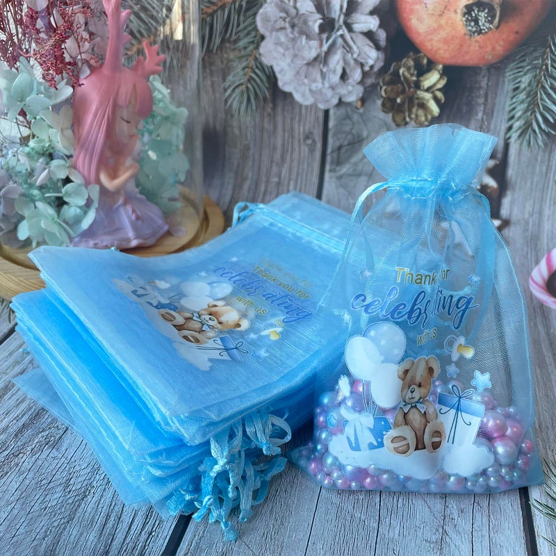LXKBD 50PCS Organza Bags for Baby Shower Party Favor,4x6 Inch Small Blue Sheer Drawstring Mesh Pouch for Boy Birthday Gift Bag - Image 2