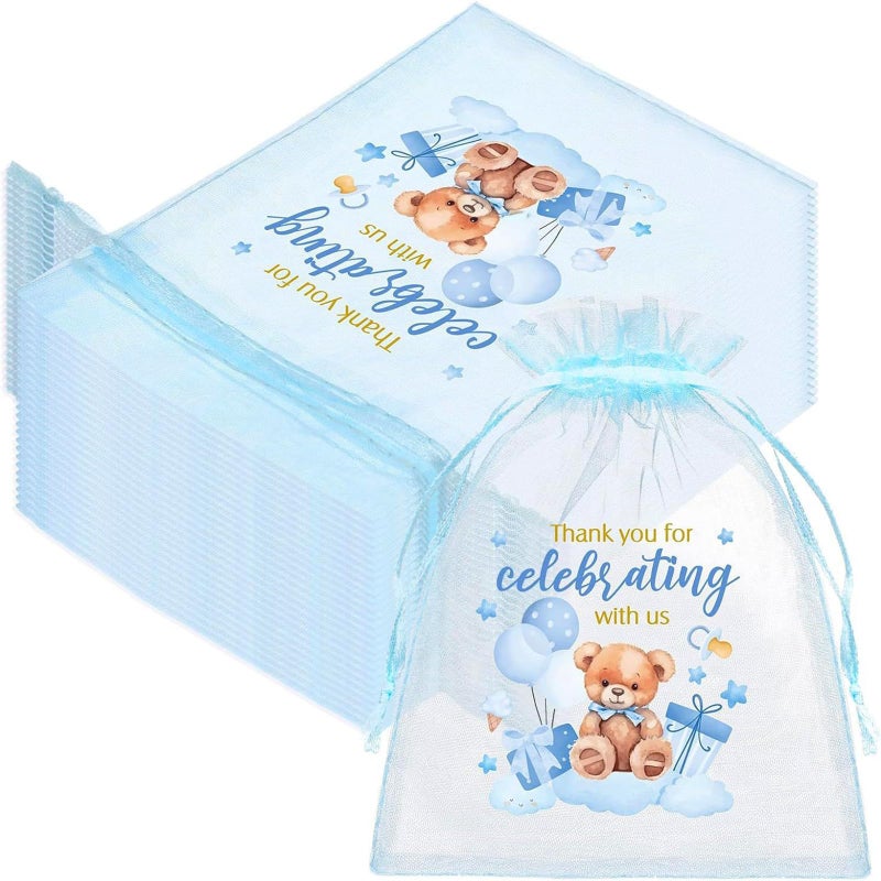 LXKBD 50PCS Organza Bags for Baby Shower Party Favor,4x6 Inch Small Blue Sheer Drawstring Mesh Pouch for Boy Birthday Gift Bag - Image 1