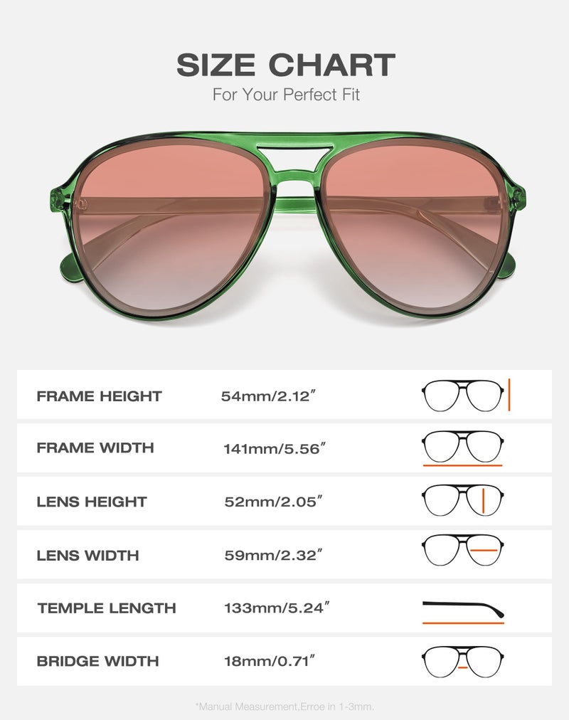 Fozono Retro Aviator Sunglasses Women Men Classic Trendy Vintage Double Bridge Aviators Sun Glasses UV Protection Clear Green Frame/Gradient Pink Lens - Image 5
