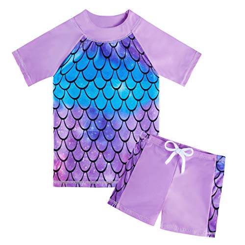 Lovekider Girls Bathing Suits Two Piece Set 11-12 Years 3D Purple Mermaid Scalse Swimsuits with Shorts for Beach Pool Cute Kids Animal Swimwear - Image 1