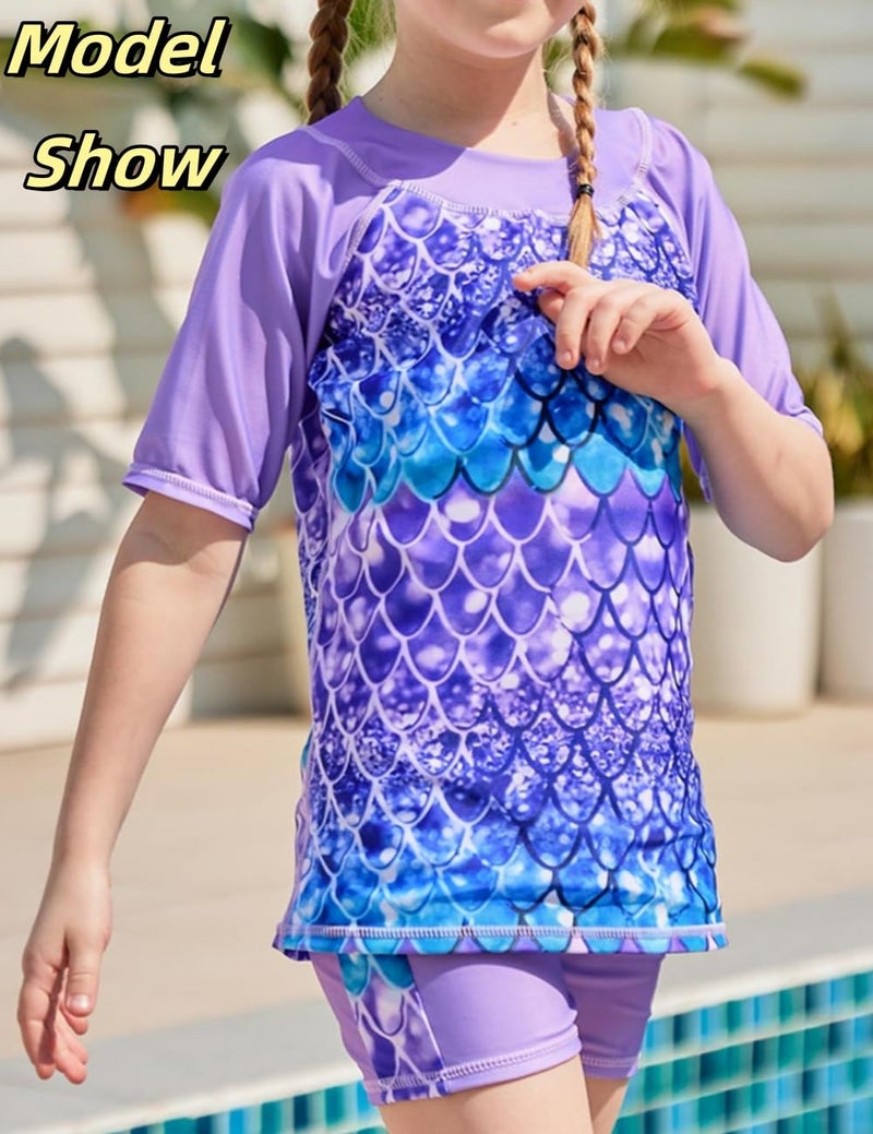 Lovekider Girls Bathing Suits Two Piece Set 11-12 Years 3D Purple Mermaid Scalse Swimsuits with Shorts for Beach Pool Cute Kids Animal Swimwear - Image 4