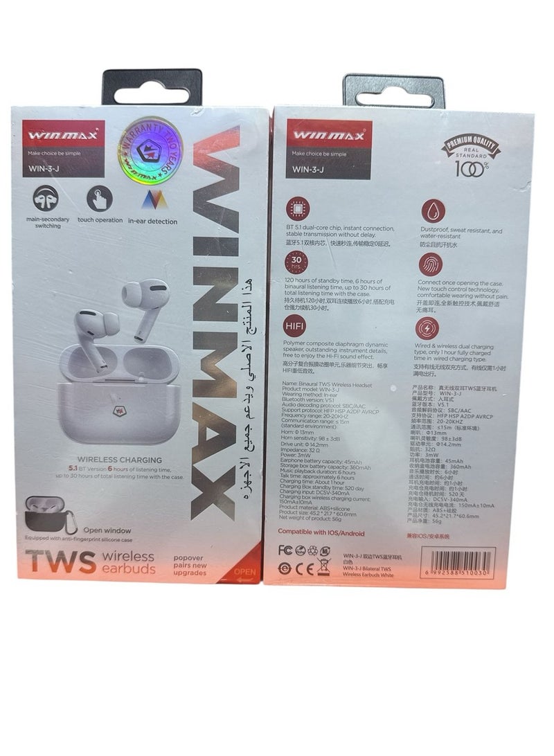 winmax win-3-j TWS Semi In-Ear Earphones Wireless Earbuds And Equipped With Anti-Fingerprint Silicon Case With Power Box Standard Version White - Image 3