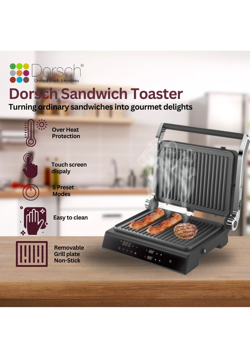 Dorsch Danish Design Sandwich Toaster with 180° Opening | 5 LED-Controlled Settings | Adjustable Grilling | Non-Stick Double-Sided Plates | Quick Heating 2000W | Durable Stainless Steel & Aluminum Build | Easy Cleaning & Multifunctional Design - Image 3
