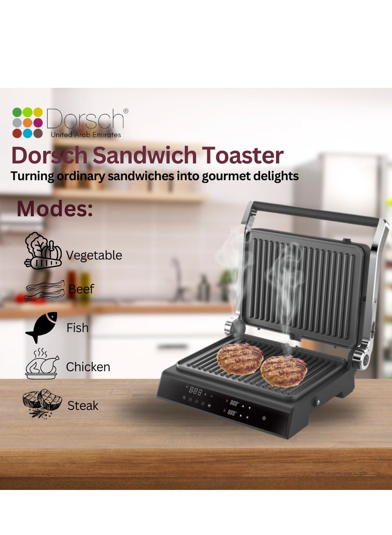 Dorsch Danish Design Sandwich Toaster with 180° Opening | 5 LED-Controlled Settings | Adjustable Grilling | Non-Stick Double-Sided Plates | Quick Heating 2000W | Durable Stainless Steel & Aluminum Build | Easy Cleaning & Multifunctional Design - Image 4