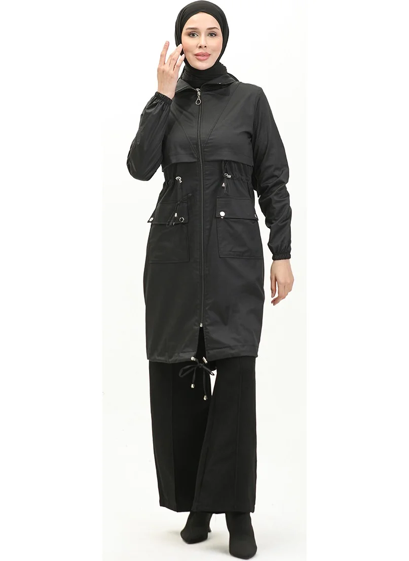 Sefa Merve Waist Drawstring Trench Coat 61331-01 Black