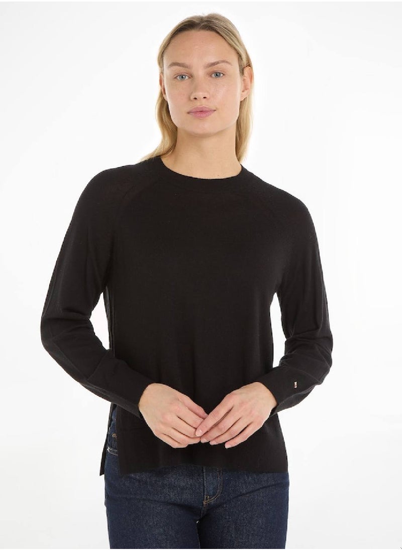 TOMMY HILFIGER - Women's Merino Wool Crew Neck Relaxed Jumper Sweater, Black - Image 1