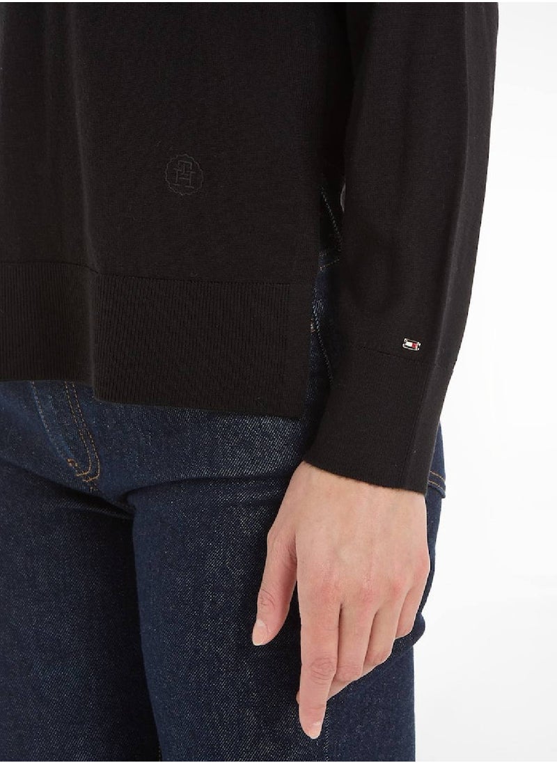 TOMMY HILFIGER - Women's Merino Wool Crew Neck Relaxed Jumper Sweater, Black - Image 1