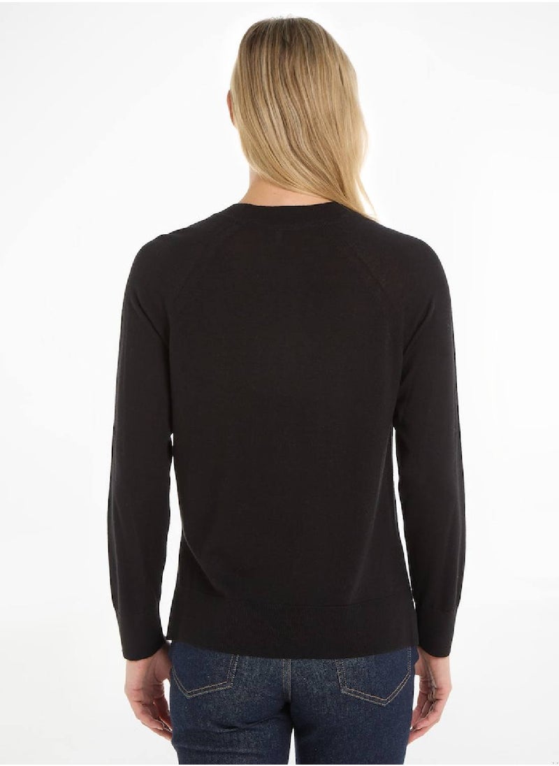 TOMMY HILFIGER - Women's Merino Wool Crew Neck Relaxed Jumper Sweater, Black - Image 1