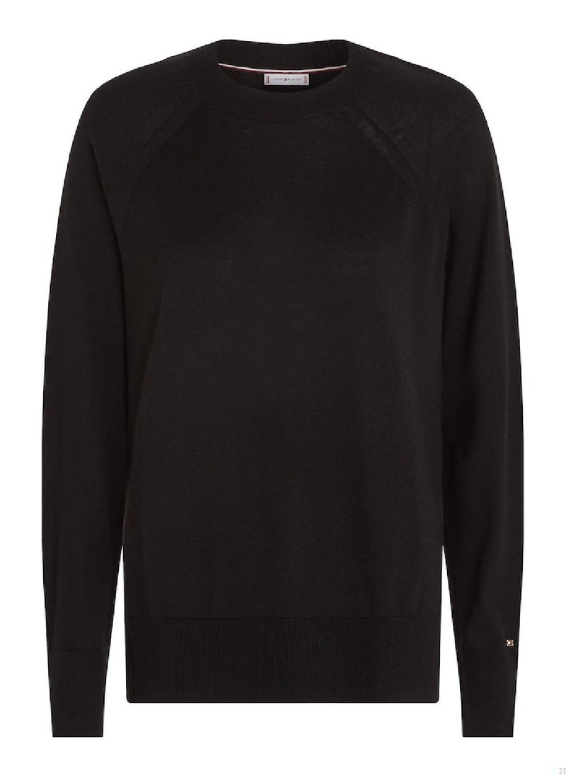 TOMMY HILFIGER - Women's Merino Wool Crew Neck Relaxed Jumper Sweater, Black - Image 1