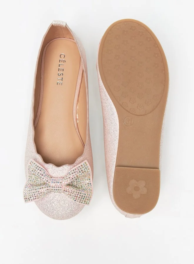 سيليست Girls' Glitter Textured Ballerina Shoes with Embellished Bow Applique