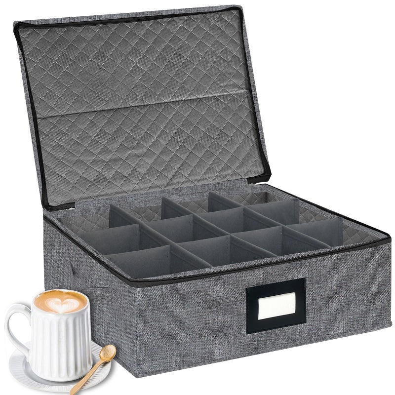 homyfort Mug Coffee Storage Box with Dividers  Stackable Glass China Storage Containers Hard Shell with Lid Label and Handles Holds 12 Coffee Mugs and Tea Cups Dark Grey