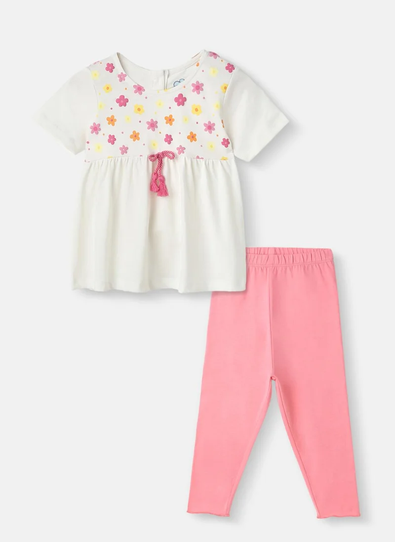 نوتيناتي Nautinati Girls' Cotton Floral Top and Bottoms With Gathered Waistline and Tassels