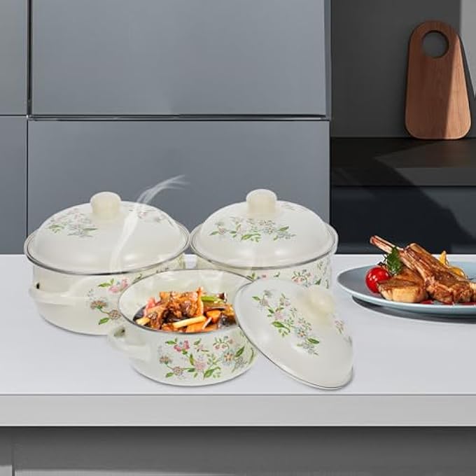 rayihni 3Pcs Enamel Mini Soup Pot Stovetop Stew Pot Casserole Cooking Pans Sauce Pan Braiser Pan With Lid Cooking Pot With Handles Beige - Image 4