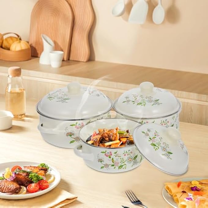 rayihni 3Pcs Enamel Mini Soup Pot Stovetop Stew Pot Casserole Cooking Pans Sauce Pan Braiser Pan With Lid Cooking Pot With Handles Beige - Image 5