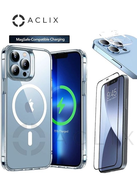 3-in 1 Shockproof Protective Magsafe compatible charging case cover For Apple iphone 14 PROMAX with 3D Tempered Glass Screen Protector Clear/Black and camera lens