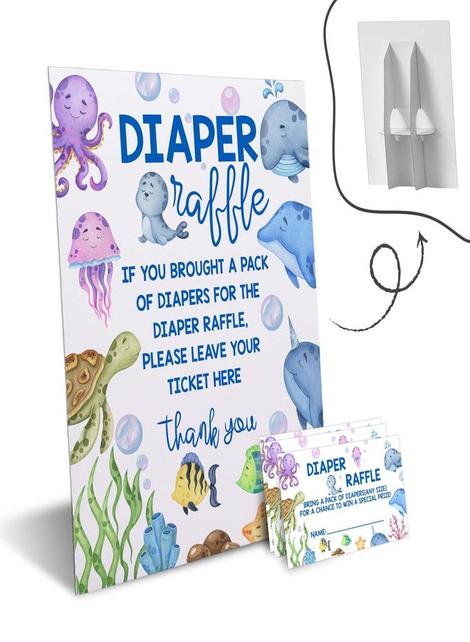 DETIHO Under the Sea Diaper Raffle Tickets with Sign - Ocean Animals Baby Shower Game Card Set-1 Sign and 50 Tickets For Baby Shower Party Supplies - F02 - Image 1