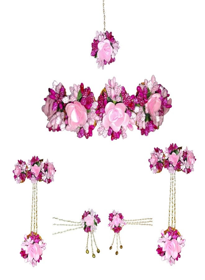 Koogly Home Handmade Jewellery set for Haldi, Mehndi, Godbharai Set For Women/Girls. Floral Jewellery Set, Jewellery Gift (Pink) - Image 1