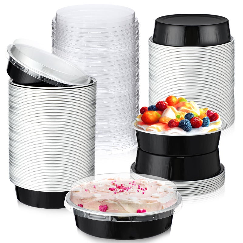 120 Pcs Disposable Ramekins with Lids 8 oz Mini Pie Tins Pie Pans 4 Inch Creme Brulee Ramekins Mini Cake Pans Aluminum Foil Tin Tart Container for Party Oven BakingBlack Gold