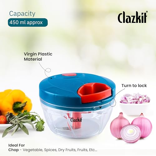 Clazkit Kitchen Dori Handy Vegetable and Fruit Manual Onion Dry Fruit Salad Maker Vegetable Quick String Chopper Machine, Cutter – 3 Stainless Steel Blades -450ml - Image 4