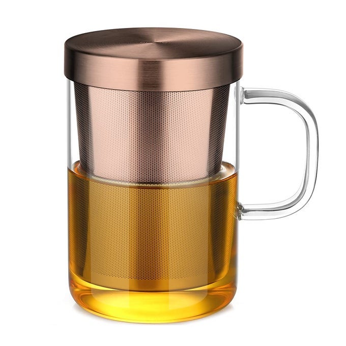 TEA INFUSER MUG 169OZ GLASS TEA CUP WITH REMOVABLE STAINLESS STEEL INFUSER AND LID CLEAR GLASS TEA CUP 500ML TEACUP FOR LOOSE LEAF TEA BIRTHDAY FOR PARENTS DAD MUM FRIENDS BRONZE
