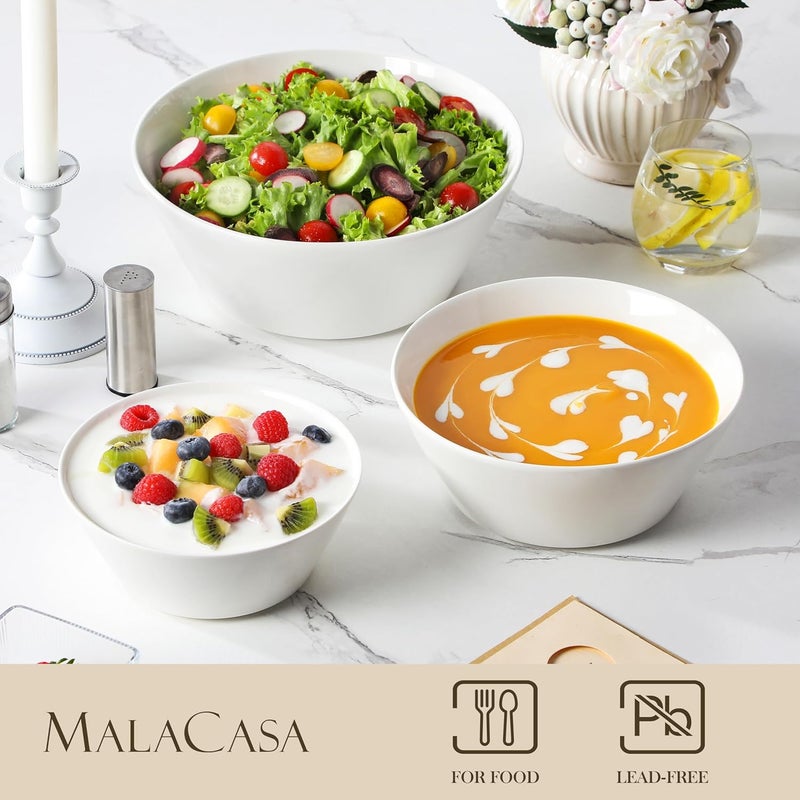 MALACASA Serving Bowls Ceramic Mixing Bowls for Kitchen 1056035 OZ White Bowls Set of 3 Microwave and Dishwasher Safe Series Regular - Image 3