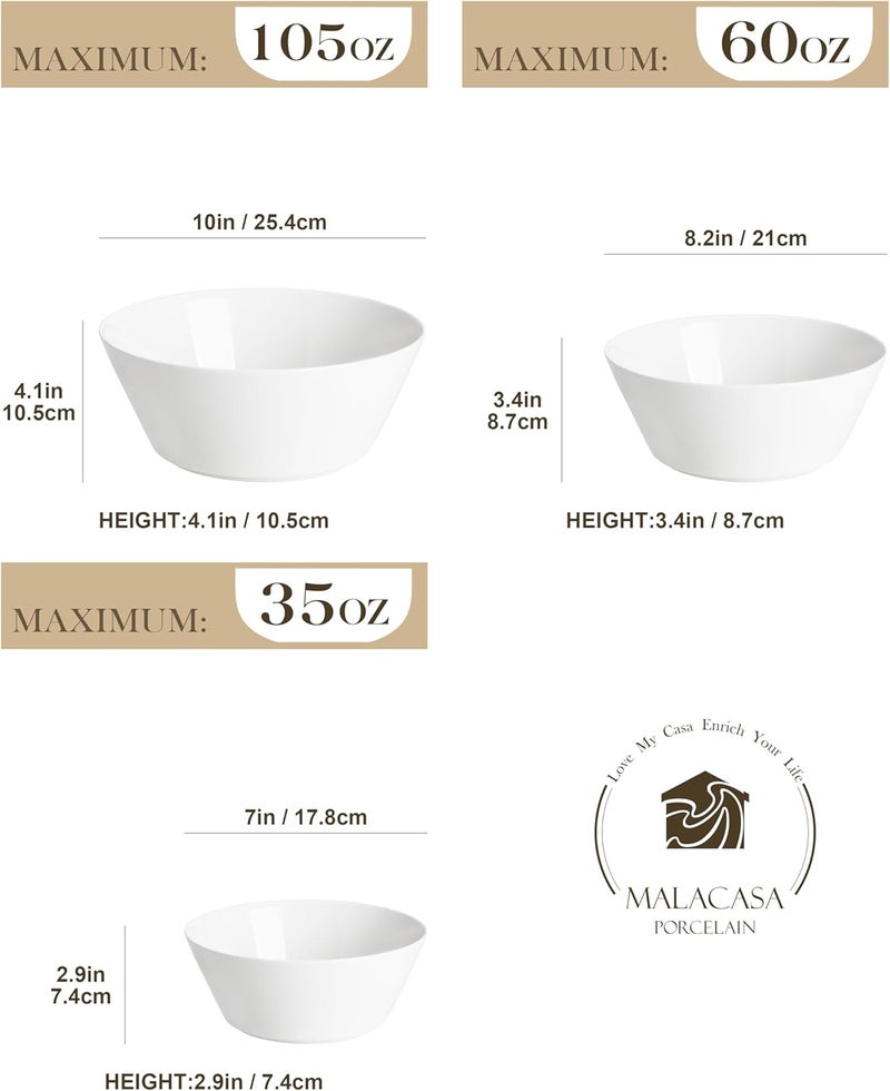 MALACASA Serving Bowls Ceramic Mixing Bowls for Kitchen 1056035 OZ White Bowls Set of 3 Microwave and Dishwasher Safe Series Regular - Image 2