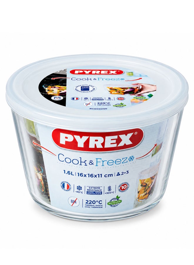 Pyrex Cook & Freeze Round Dish with Lid 1.6L, Borosilicate Glass Food Storage Container, Freezer to Oven Safe, Meal Prep, Baking & Food Storage Solution - Image 1