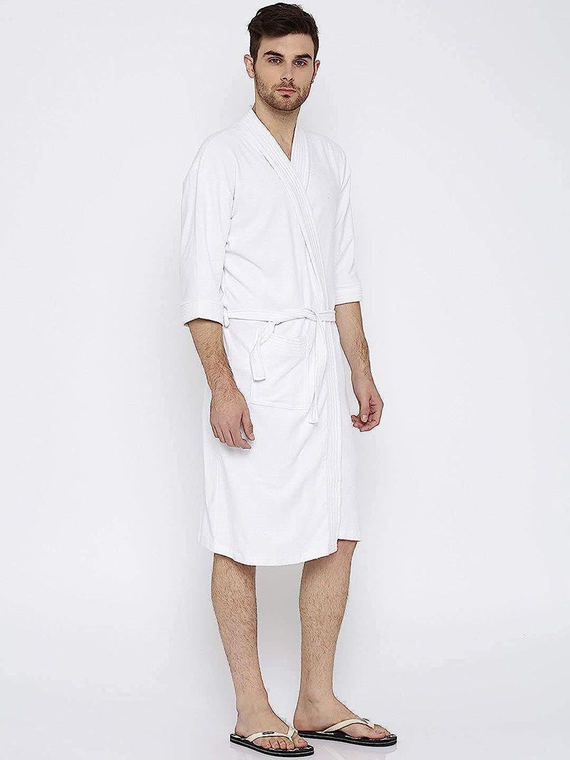 ELEVANTO Bathrobes For Mens Collection 34 Sleeve Soft Terry Cotton Bathrobe Free SizeWHITE - Image 3