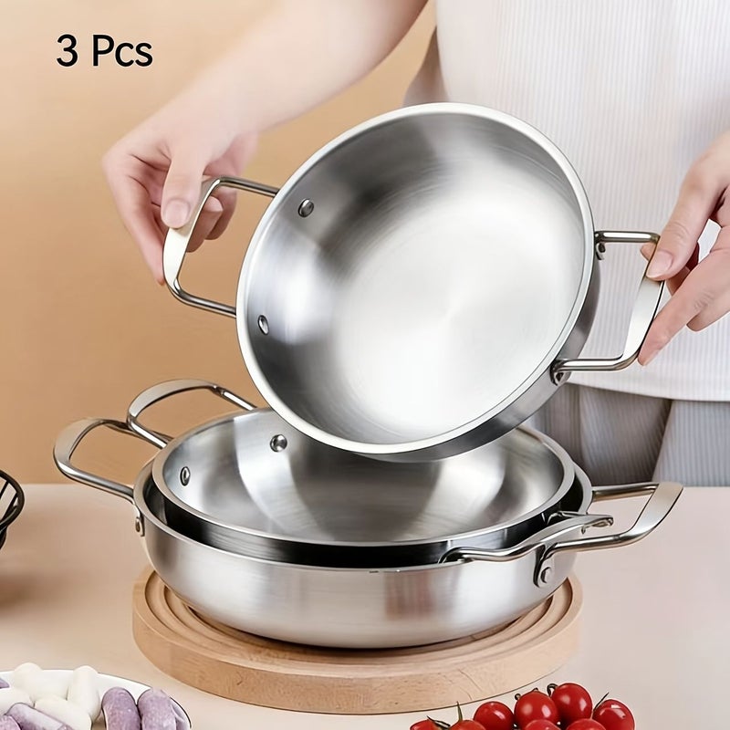 3pcs Silvery Korean Hot Pot Cookware Set Stainless Steel Soup Pot for Instant Noodle Ramen and Seafood - Image 1