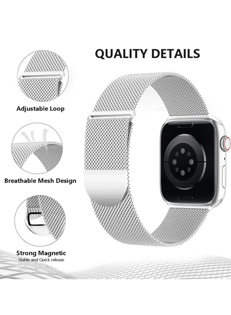 Compatible with Apple Watch,44mm/45mm/46mm/49mm/42mm(S2 S3) Magnetic Mesh Stainless Steel Band, Adjustable Replacement Men & Women iWatch Strap, Compatible with Series 10 9 8 7 6 5 4 3,SE,Ultra, Silver - Image 2