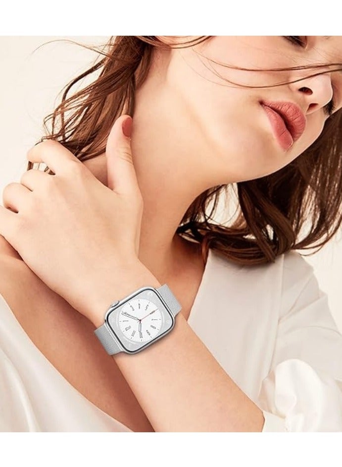 Compatible with Apple Watch,44mm/45mm/46mm/49mm/42mm(S2 S3) Magnetic Mesh Stainless Steel Band, Adjustable Replacement Men & Women iWatch Strap, Compatible with Series 10 9 8 7 6 5 4 3,SE,Ultra, Silver - Image 5