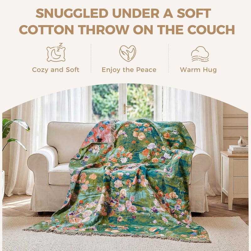 LUTBM Boho Throw Blanket for Bed Cotton Blankets Twin Size for Bedroom Living Room All Season Lightweight Floral Embroidery Quilt for Couch Sofa Chair 60"x80" - Image 4