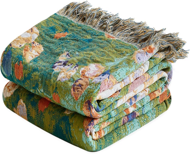 LUTBM Boho Throw Blanket for Bed Cotton Blankets Twin Size for Bedroom Living Room All Season Lightweight Floral Embroidery Quilt for Couch Sofa Chair 60"x80" - Image 1