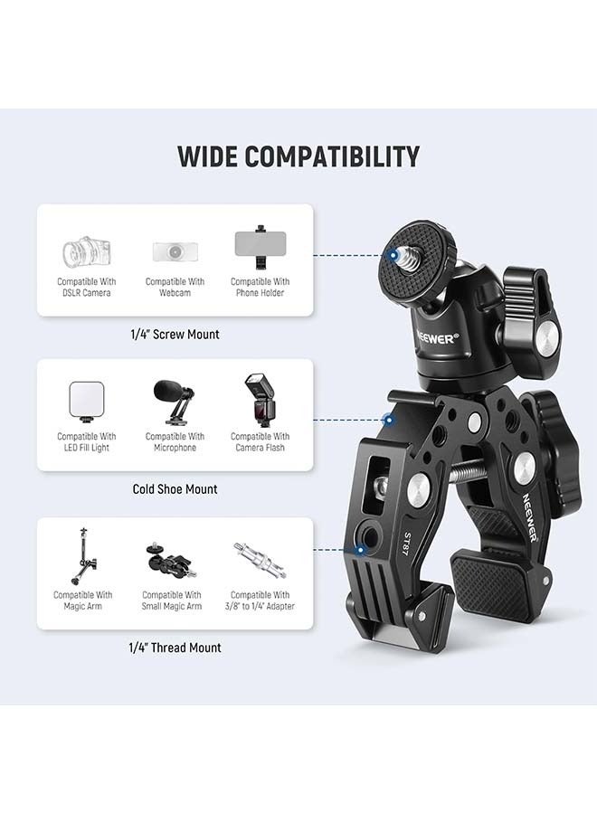 Neewer Neewer Super Clamp with Ballhead, Cold Shoe, Phone Holder and Action Camera Mount Adapter for Flat/Round Surface Compatible with GoPro DJI iPhone 15 Pro Max, ST87  - Image 5