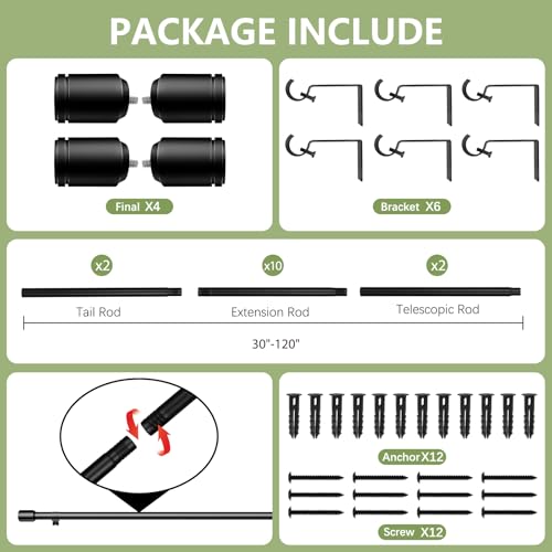 Edidonson 5/8” Diameter Curtain Rods 30-120 Inch, for 30-114 Inch Windows, Adjustable Splicing Black Curtain Rods for Windows with Brackets, Window Rod Long Small Curtains Rod, 2 Pack - Image 3