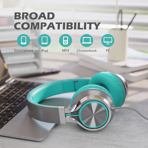 AILIHEN C8 Wired Headphones with Microphone and Volume Control Folding Lightweight Corded Headset for Cellphones Tablets Chromebook Phones Smartphones Laptop Computer PC Mp3/4 (Grey/Mint) - Image 5