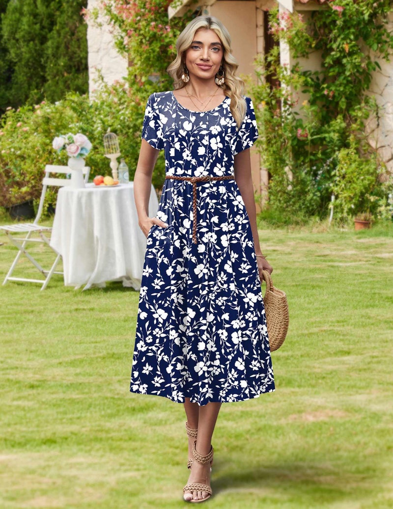 HOTOUCH Casual Summer Dresses for Women Fit and Flare Dress Womens Floral Midi Dress A Line Dresses 2026 Pleated Sundress, Navy Floral 01,L - Image 5