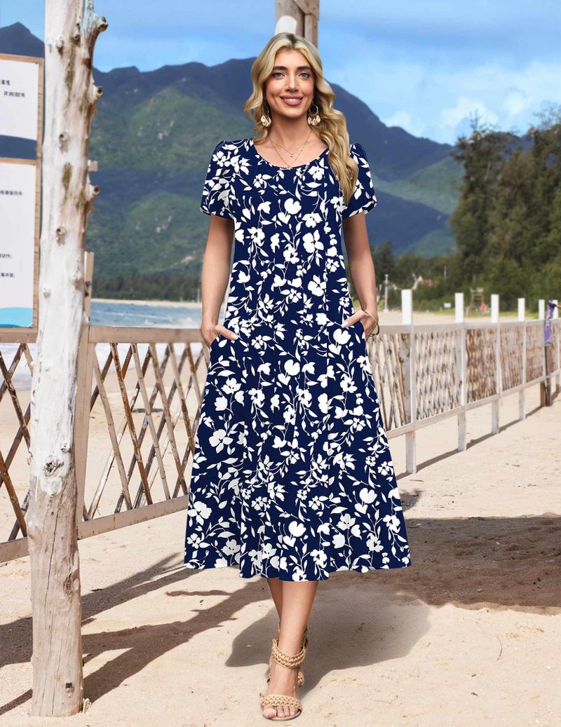 HOTOUCH Casual Summer Dresses for Women Fit and Flare Dress Womens Floral Midi Dress A Line Dresses 2026 Pleated Sundress, Navy Floral 01,L - Image 3