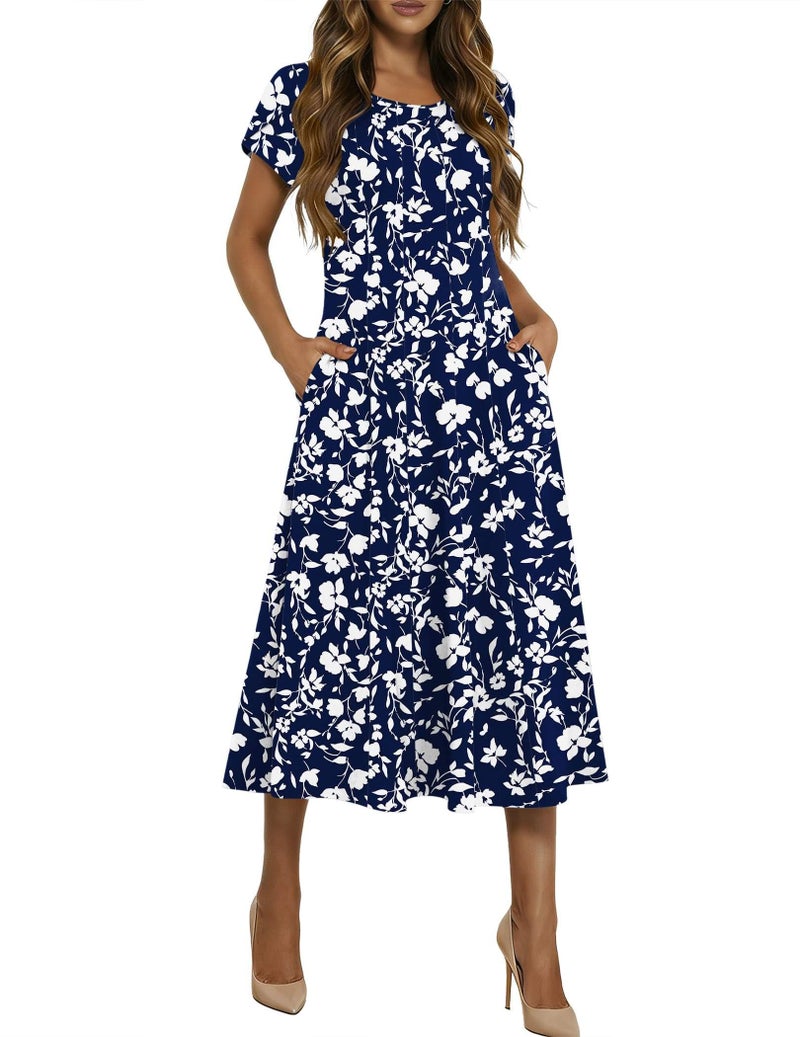 HOTOUCH Casual Summer Dresses for Women Fit and Flare Dress Womens Floral Midi Dress A Line Dresses 2026 Pleated Sundress, Navy Floral 01,L - Image 1